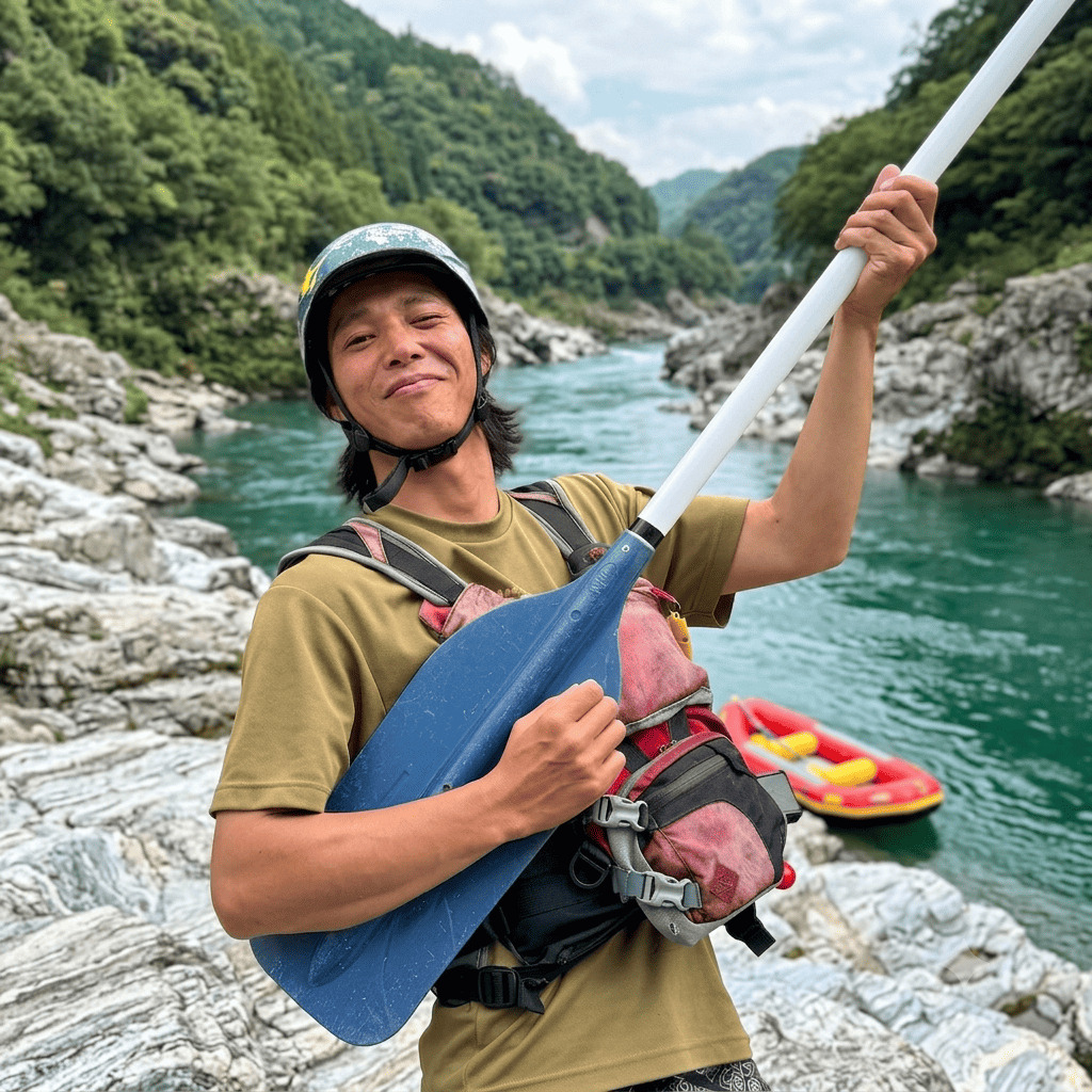 Arichako, river guide at Happy Raft rafting company, on the Yoshino River in the Oboke gorge, Japan.