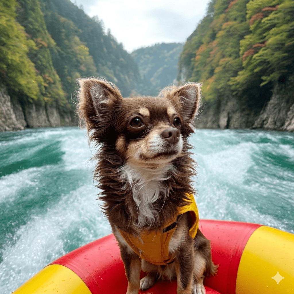 Anko the Chihuahua, Happy Raft's dog mascot, riding a raft on the Yoshino River in the Oboke gorge, Japan.