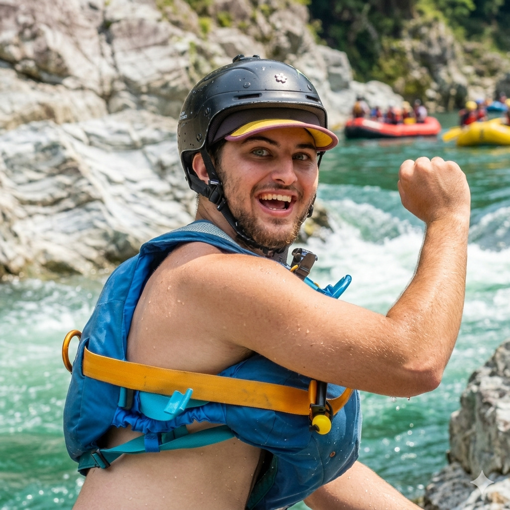 Édouard, river guide from Quebec at Happy Raft rafting company, on the Yoshino River in the Oboke gorge, Japan.