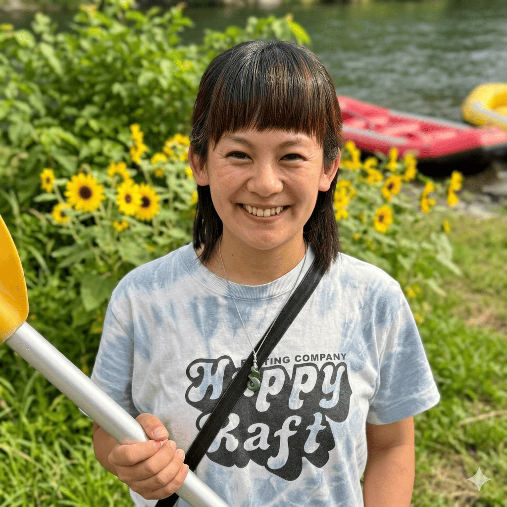 Kana, river guide at Happy Raft rafting company, on the Yoshino River in the Oboke gorge, Japan.