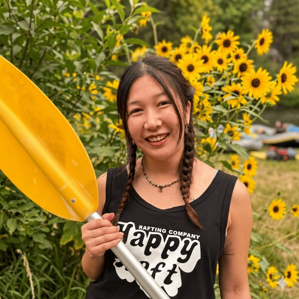 Kanon, river guide at Happy Raft rafting company, on the riverbank by the Yoshino River, Oboke gorge, Japan.