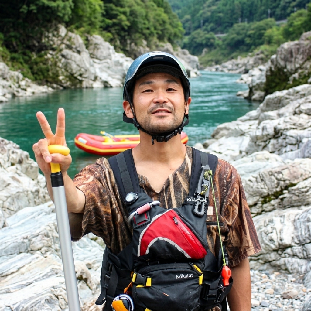Kassy, river guide at Happy Raft rafting company, on the Yoshino River in the Oboke gorge, Japan