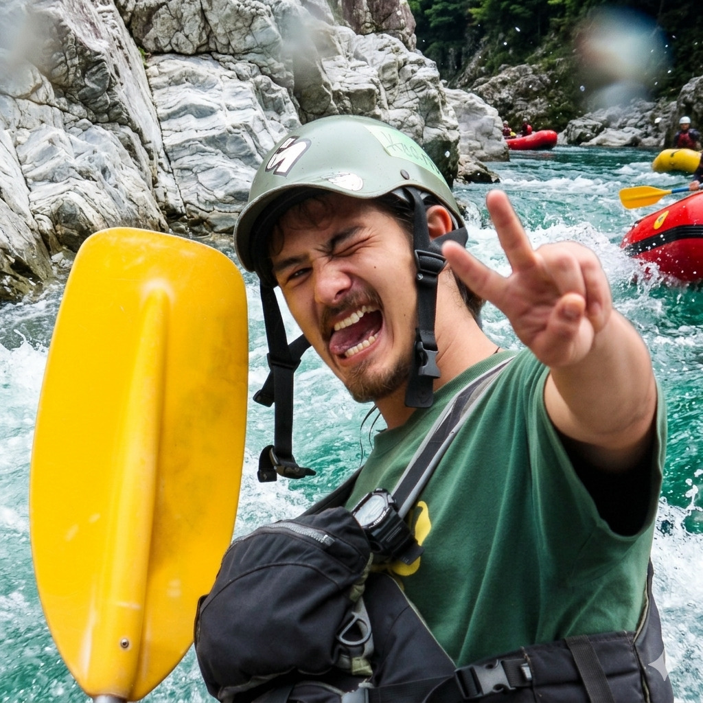 Keanu, river guide from Australia at Happy Raft rafting company, on the Yoshino River in the Oboke gorge, Japan.