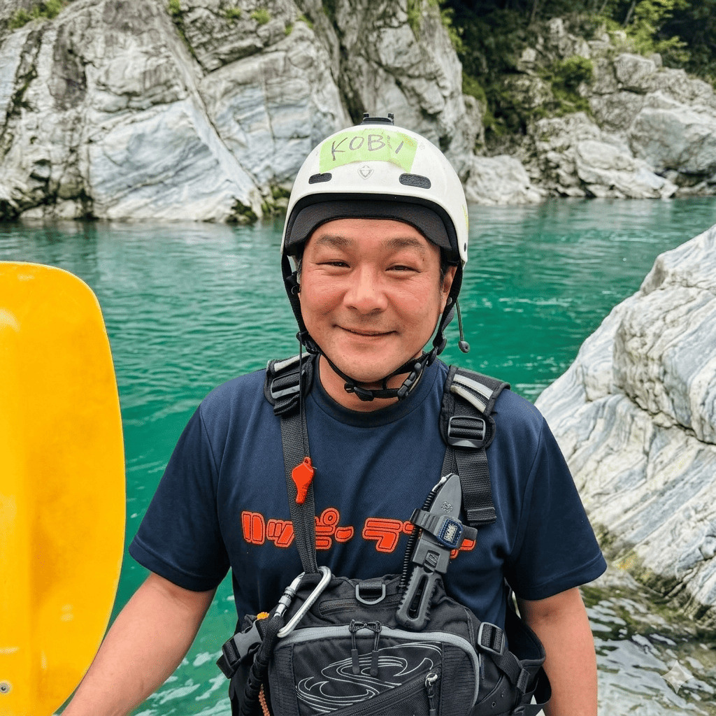 Kobu, river guide at Happy Raft rafting company, on the Yoshino River in the Oboke gorge, Japan.
