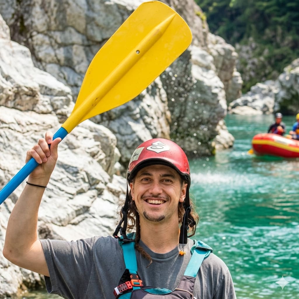 Kyle, river guide from Quebec at Happy Raft rafting company, on the Yoshino River in the Oboke gorge, Japan.