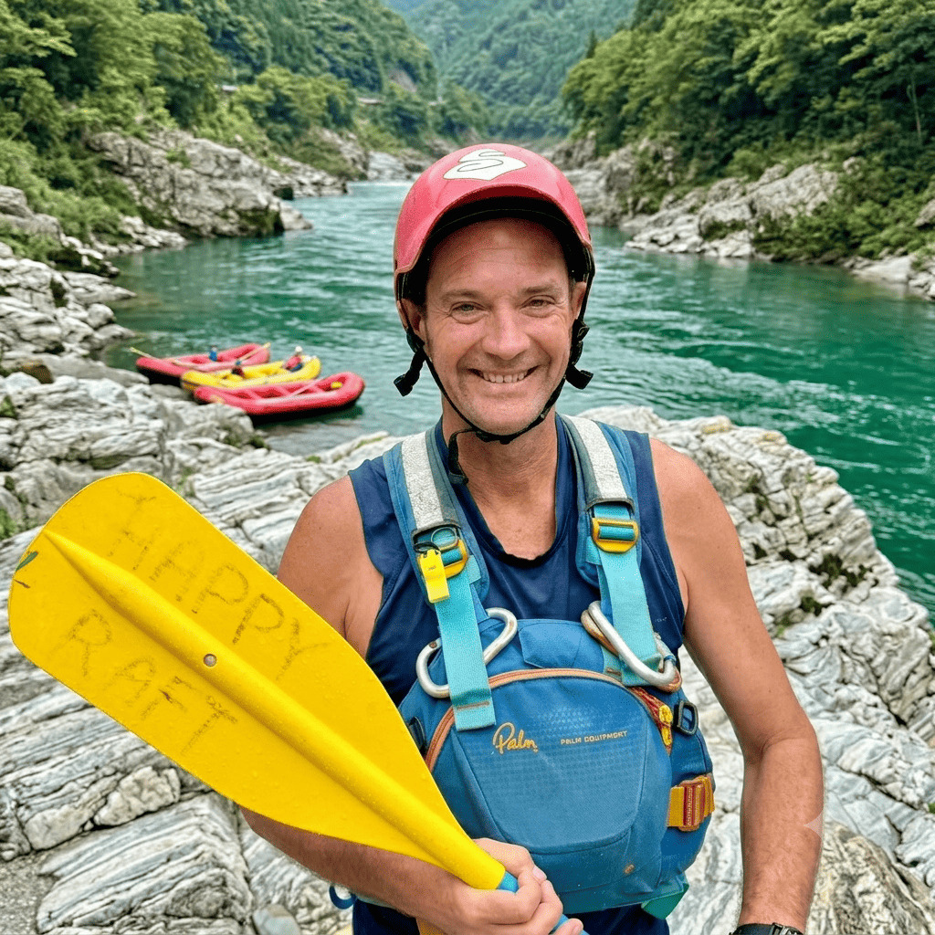 Mark, rafting guide from Australia at Happy Raft rafting company, on the Yoshino River in the Oboke gorge, Japan.