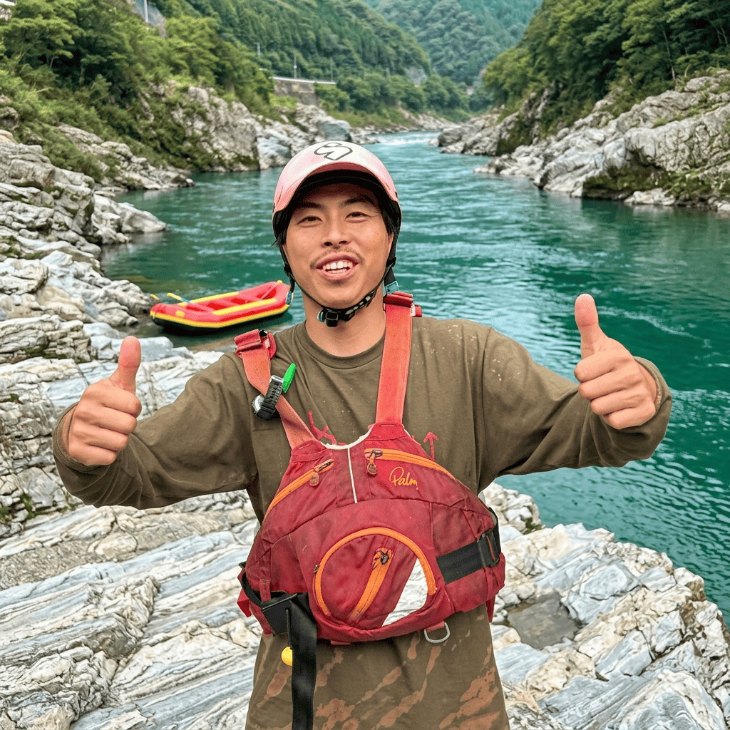 Nen, river guide at Happy Raft rafting company, on the Yoshino River in the Oboke gorge, Japan.