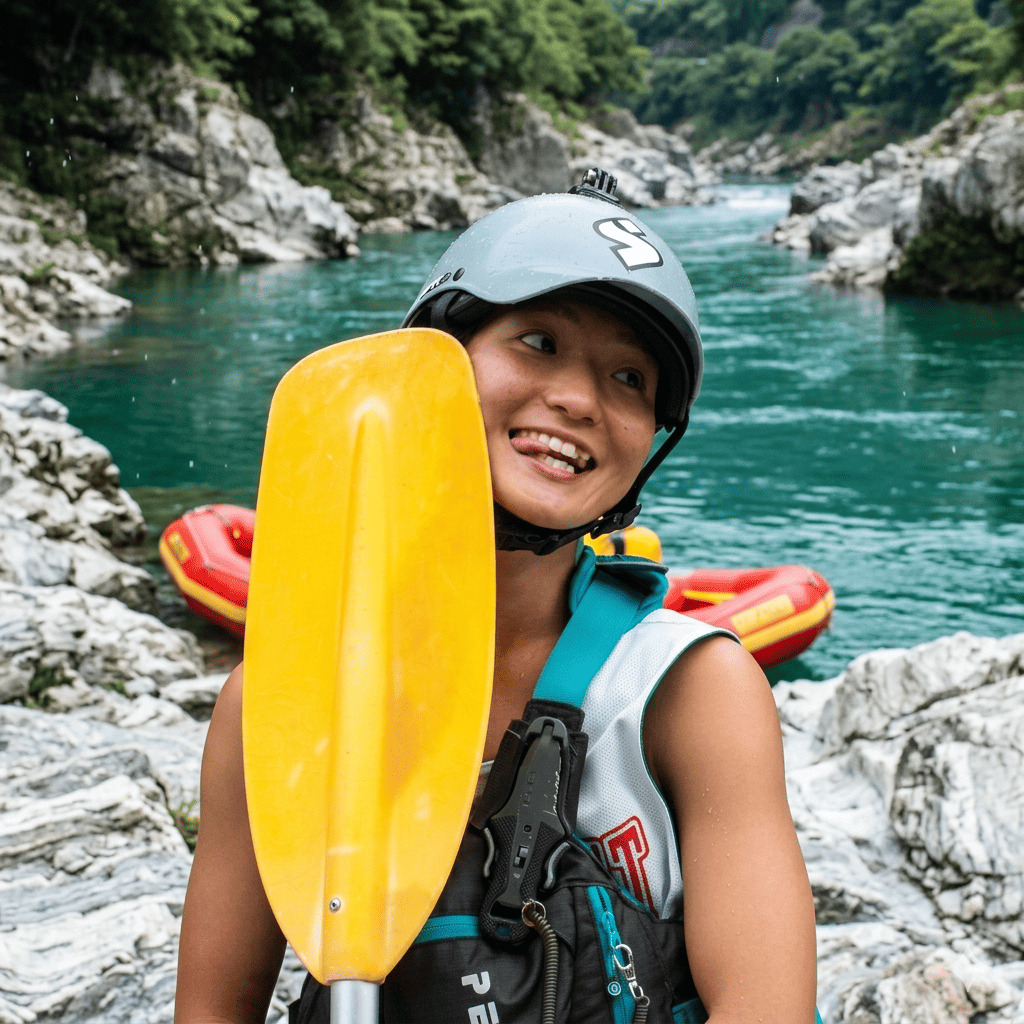 Rena, river guide at Happy Raft rafting company, on the Yoshino River in the Oboke gorge, Japan.