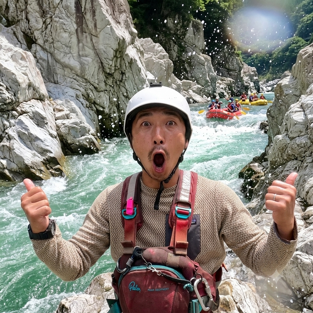 Reona Miyamoto, river guide at Happy Raft rafting company, on the rocks above the Yoshino River in the Oboke gorge, Japan.