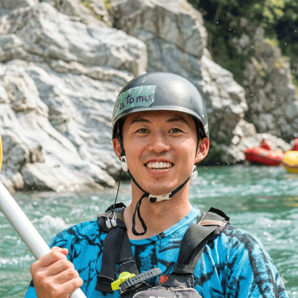 Satomu, river guide at Happy Raft rafting company, on the Yoshino River in the Oboke gorge, Japan.