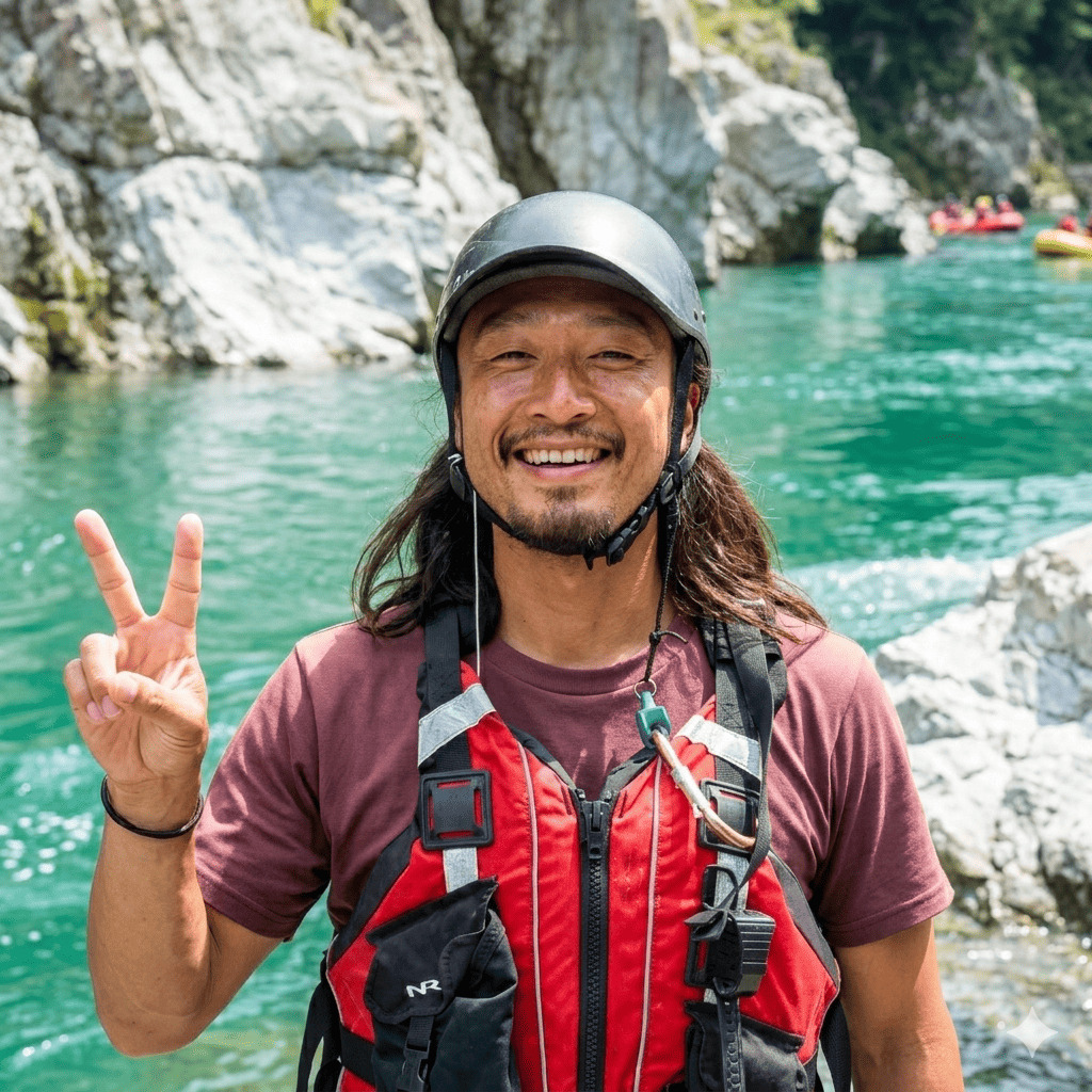 Take, river guide at Happy Raft rafting company, on the Yoshino River in the Oboke gorge, Japan.