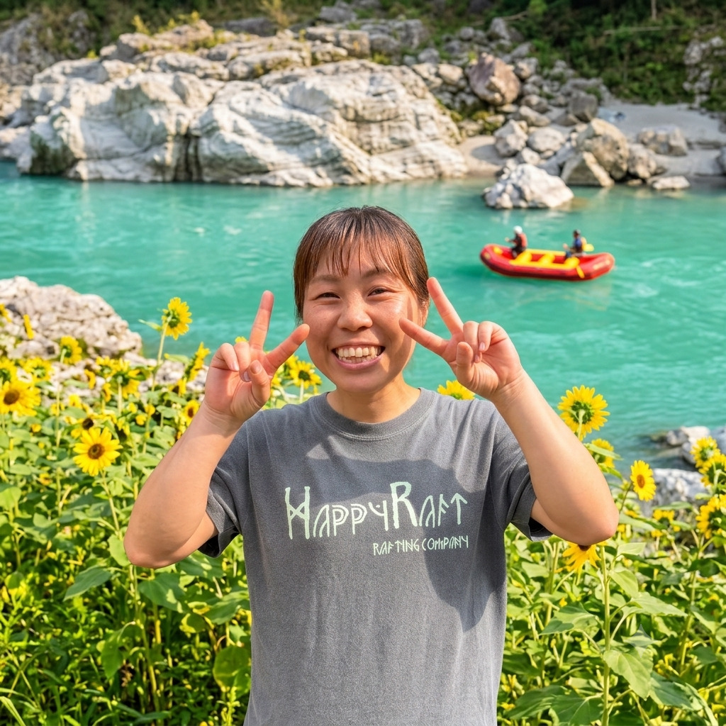 Yuki, river guide at Happy Raft rafting company, on the Yoshino River in the Oboke gorge, Japan.